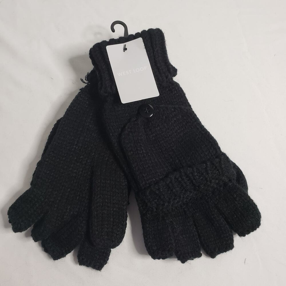 West Loop Women's One Size‎ Fingerless Foldover Gloves Mittens Black Knit Winter